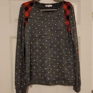 Women's top; Size Large; grey/polka dot/plaid